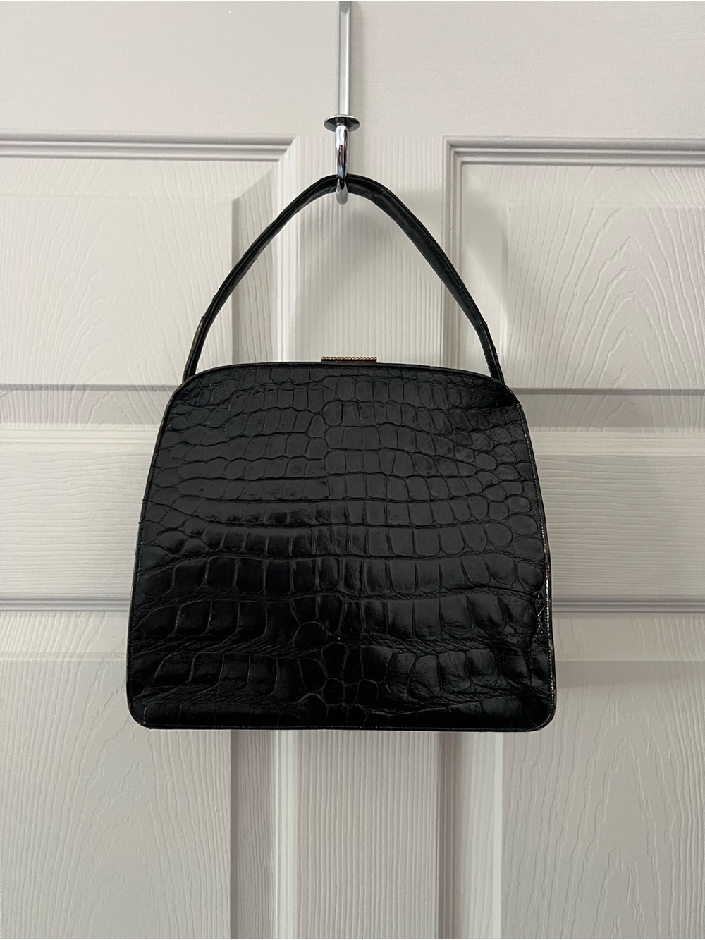 Vintage Mid Century Saks Avenue Fifth Structured Black Croc-Embossed Bag